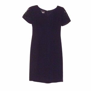 𝅺donna MORGAN Little Black Dress Sheer Cut-Out Floral Sleeves - Size 6